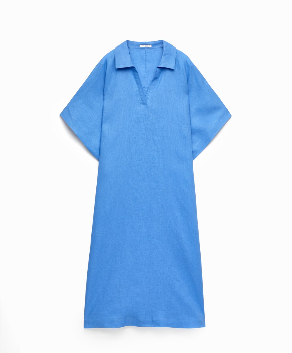 Oysho 100% Linen Polo Collar Tunic Kjoler Blå | IUVA62083