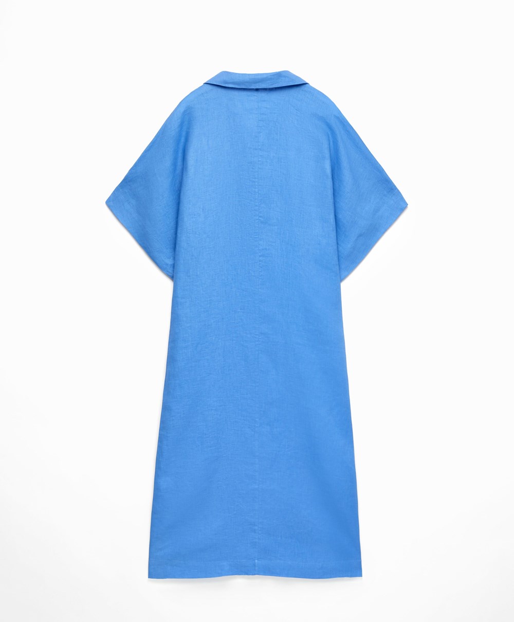 Oysho 100% Linen Polo Collar Tunic Kjoler Blå | IUVA62083