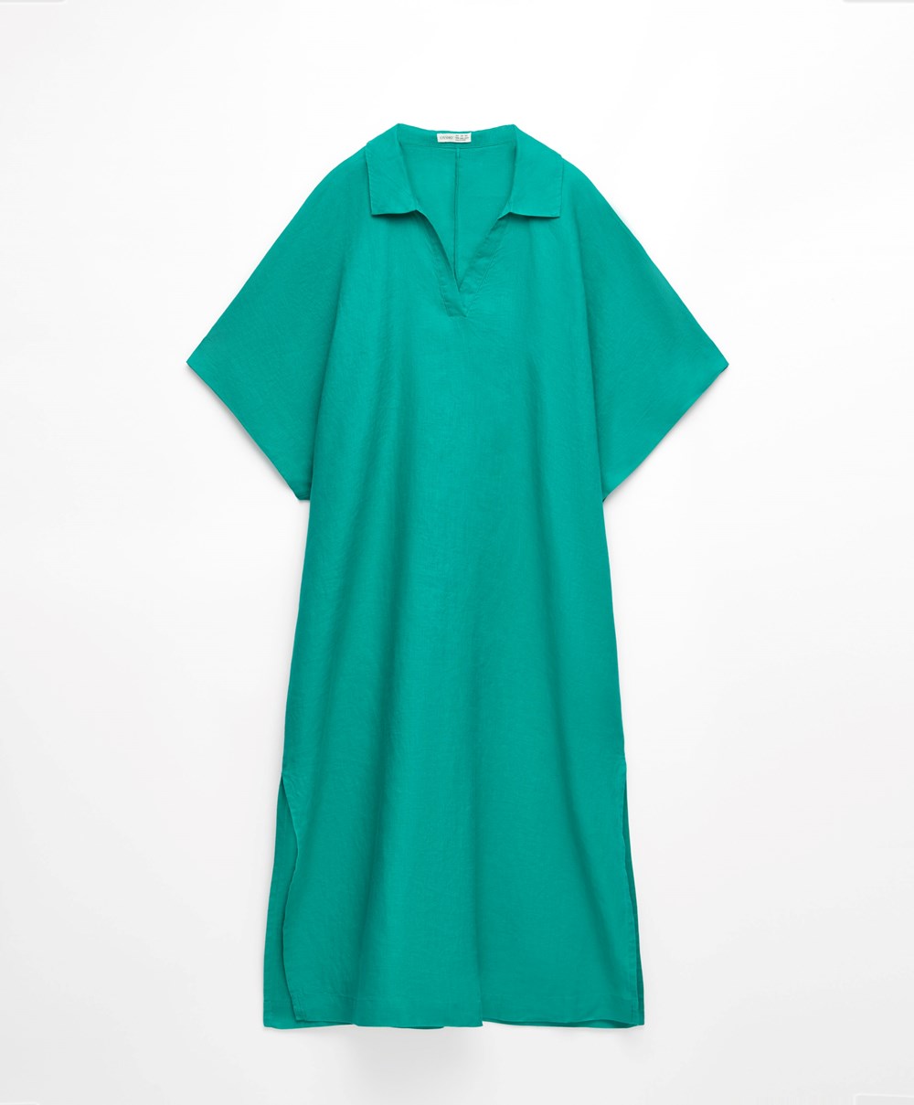 Oysho 100% Linen Polo Collar Tunic Kjoler Turkis Grønn | KRUT07215