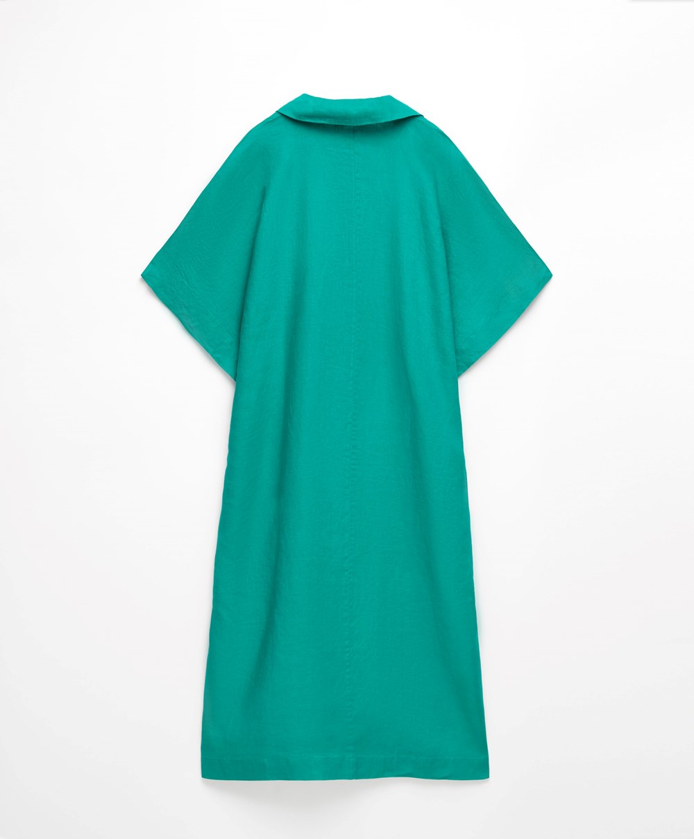 Oysho 100% Linen Polo Collar Tunic Kjoler Turkis Grønn | KRUT07215