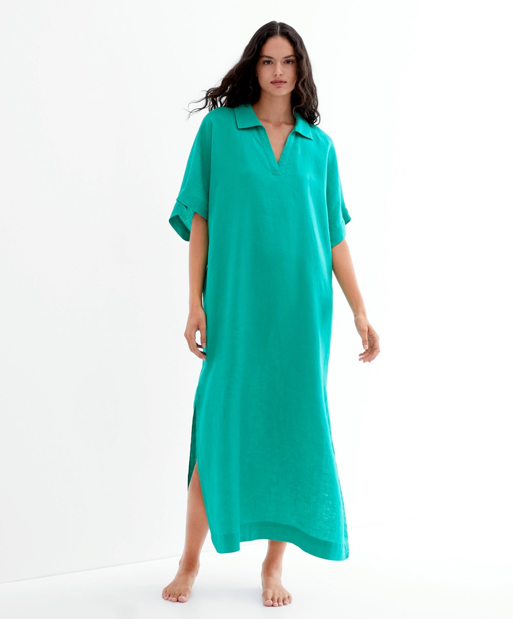 Oysho 100% Linen Polo Collar Tunic Kjoler Turkis Grønn | STKD50829