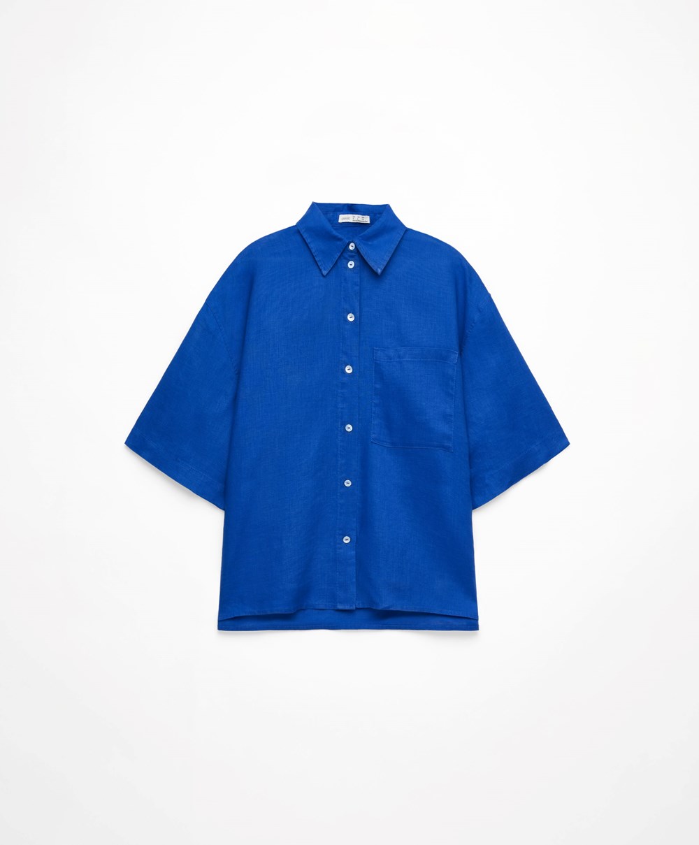 Oysho 100% Linen Shirt Blå | FBGW98075