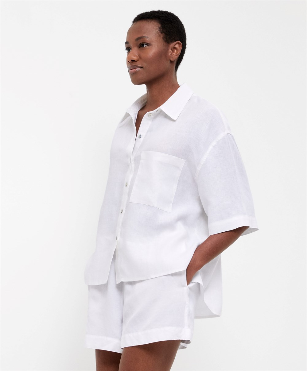 Oysho 100% Linen Shirt Hvite | GBMX75326