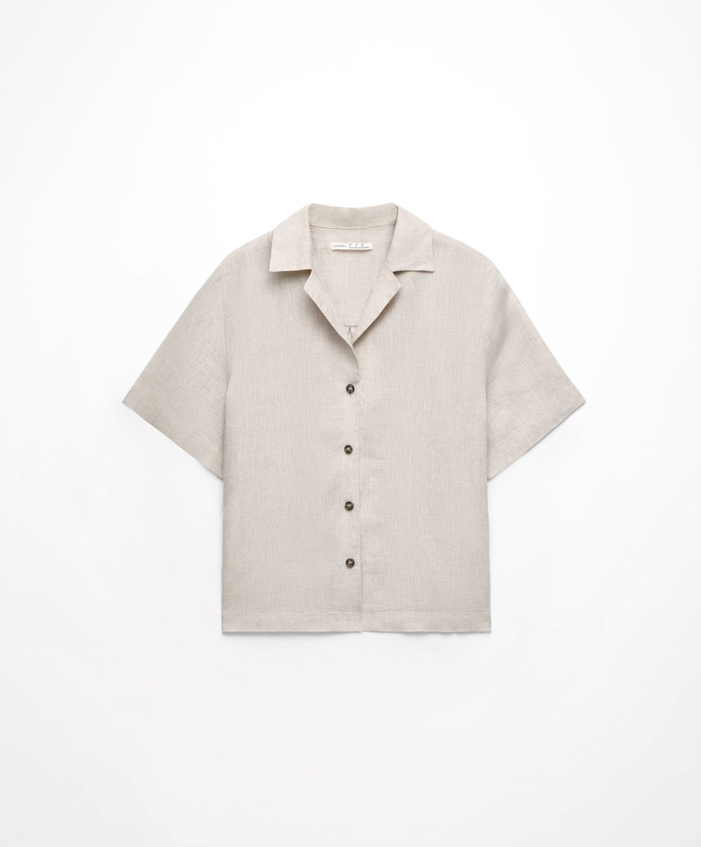 Oysho 100% Linen Shirt Sand Melange | AXTI48160