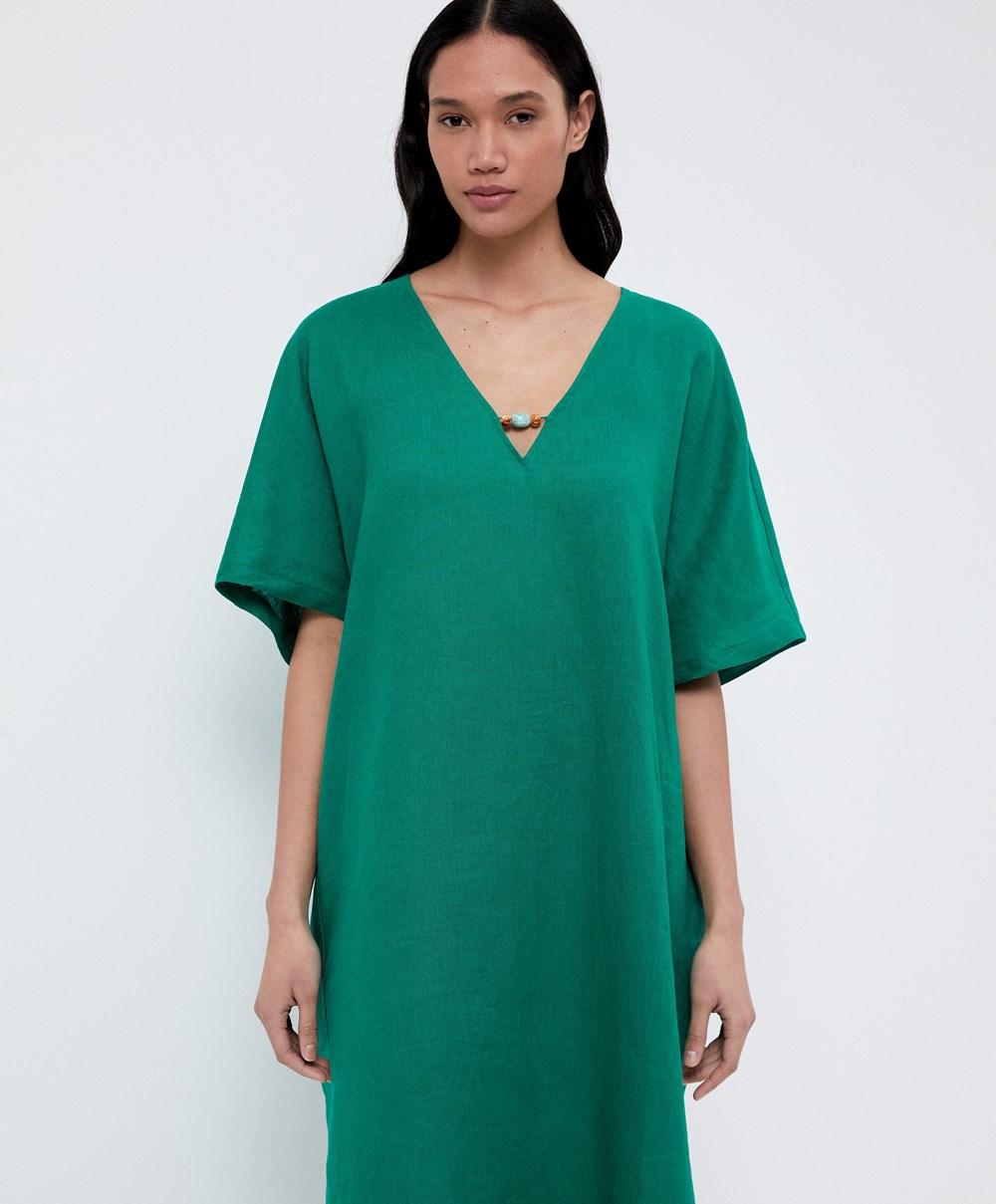 Oysho 100% Linen Tunic Kjoler Grønn | HBKL94652