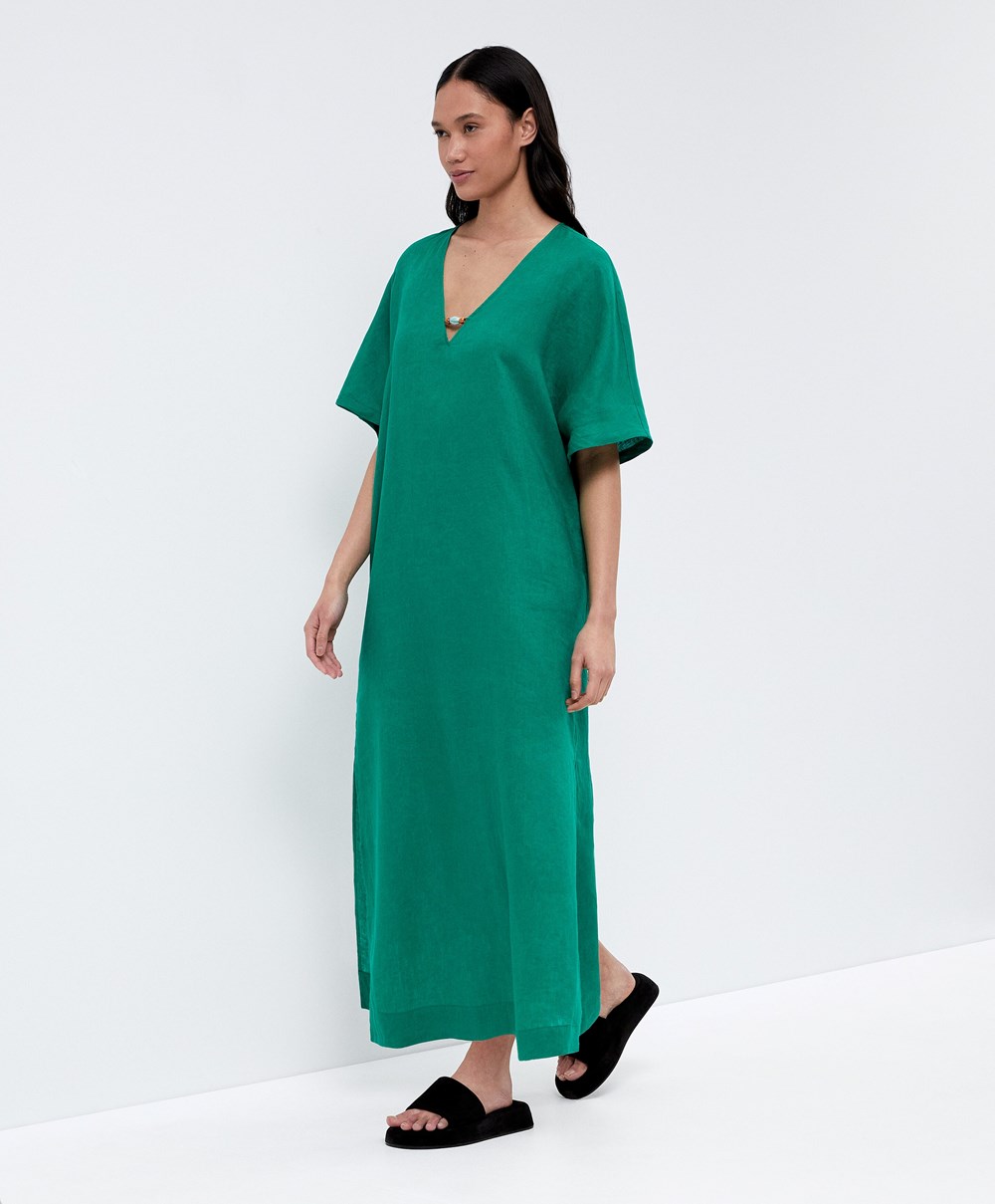 Oysho 100% Linen Tunic Kjoler Grønn | HBKL94652