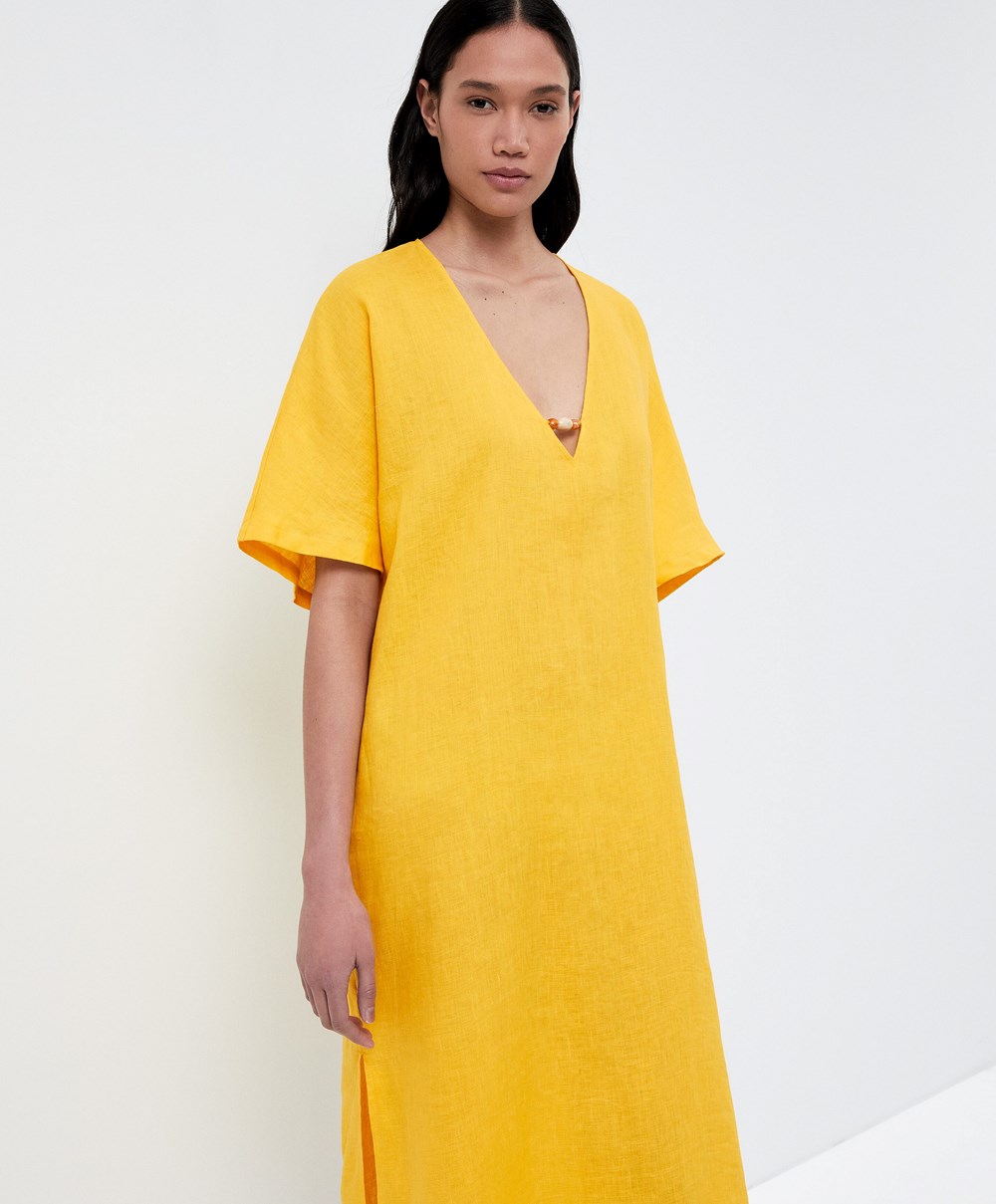 Oysho 100% Linen Tunic Kjoler Mid-yellow | EOAG26983