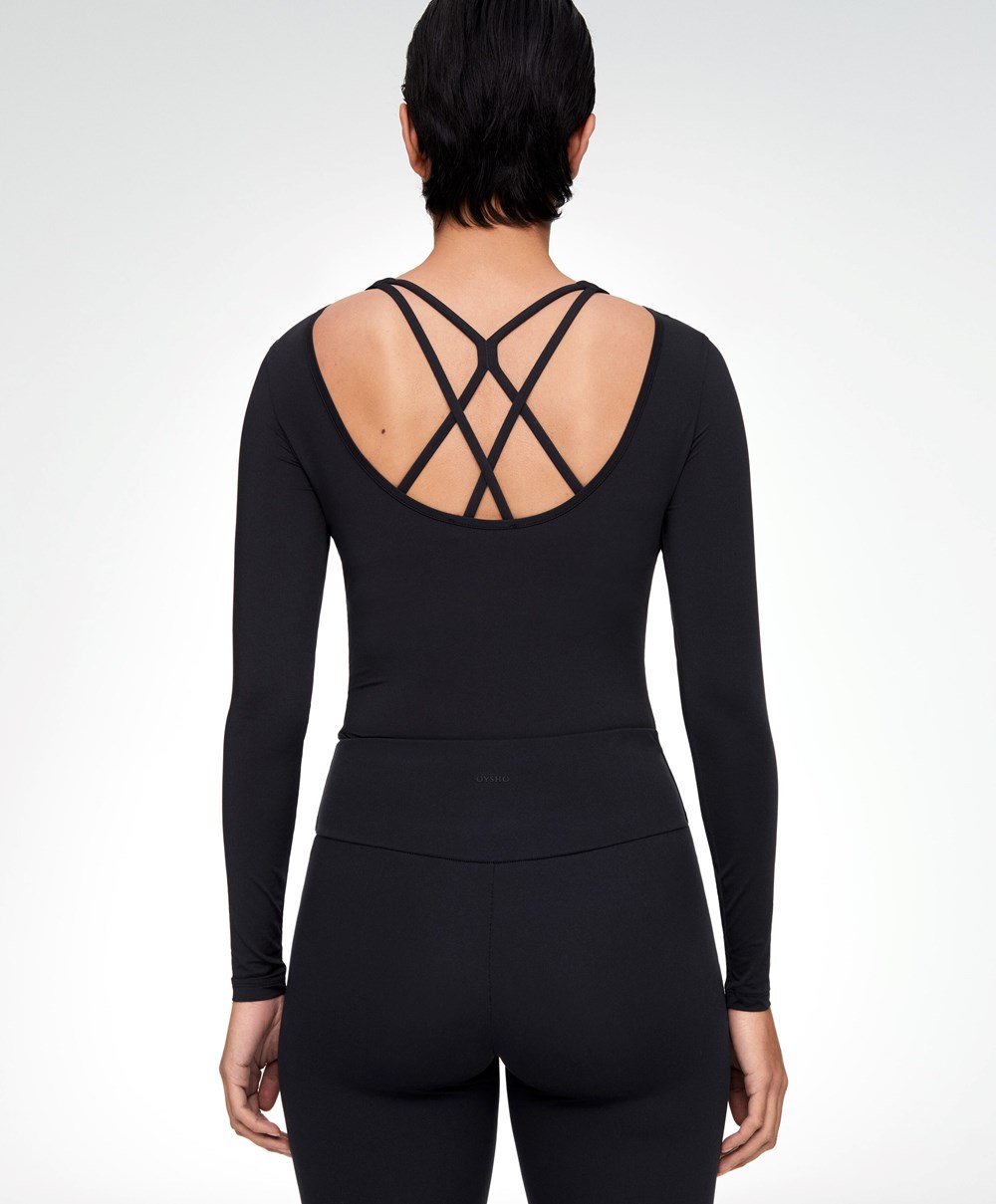 Oysho Back Detail Long-sleeved T-shirt Svarte | BAIS19503