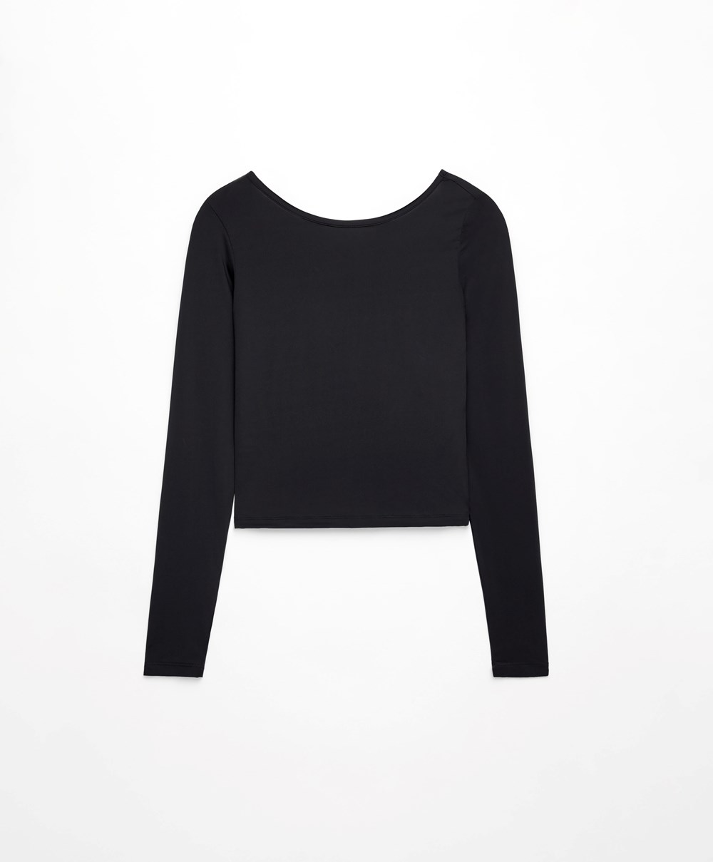 Oysho Back Detail Long-sleeved T-shirt Svarte | BAIS19503