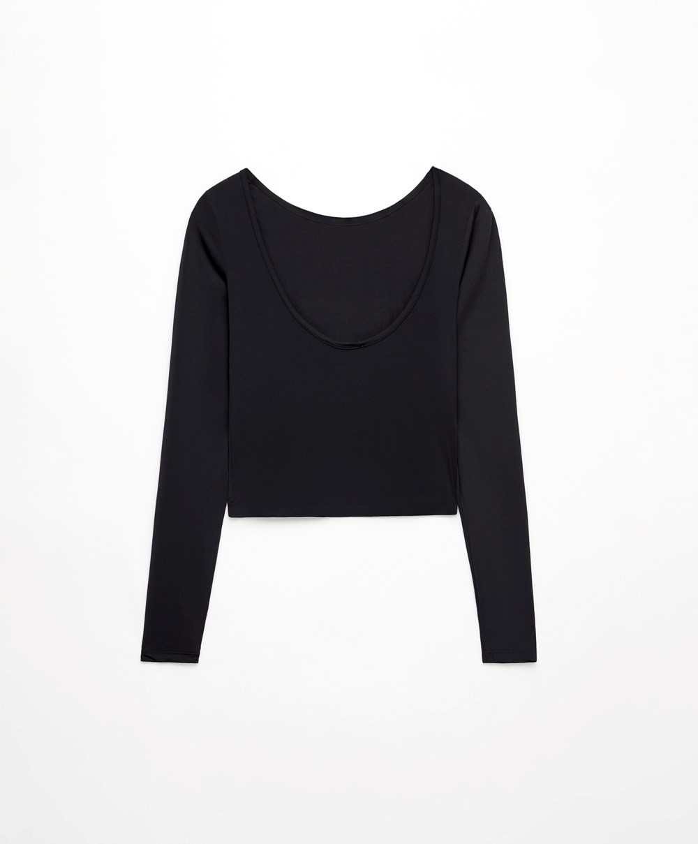 Oysho Back Detail Long-sleeved T-shirt Svarte | BAIS19503