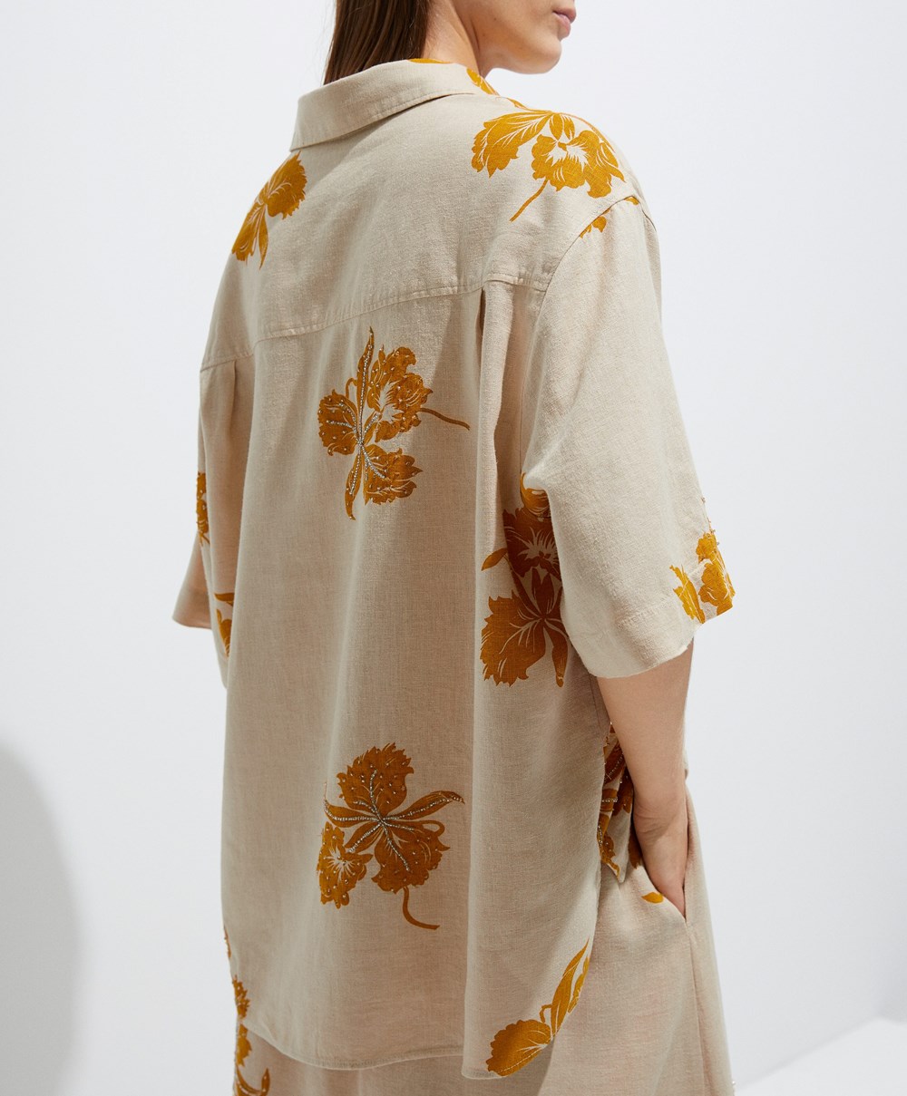 Oysho Bead Embroidery Kort-sleeved Linen Shirt Sand | BUTM69730