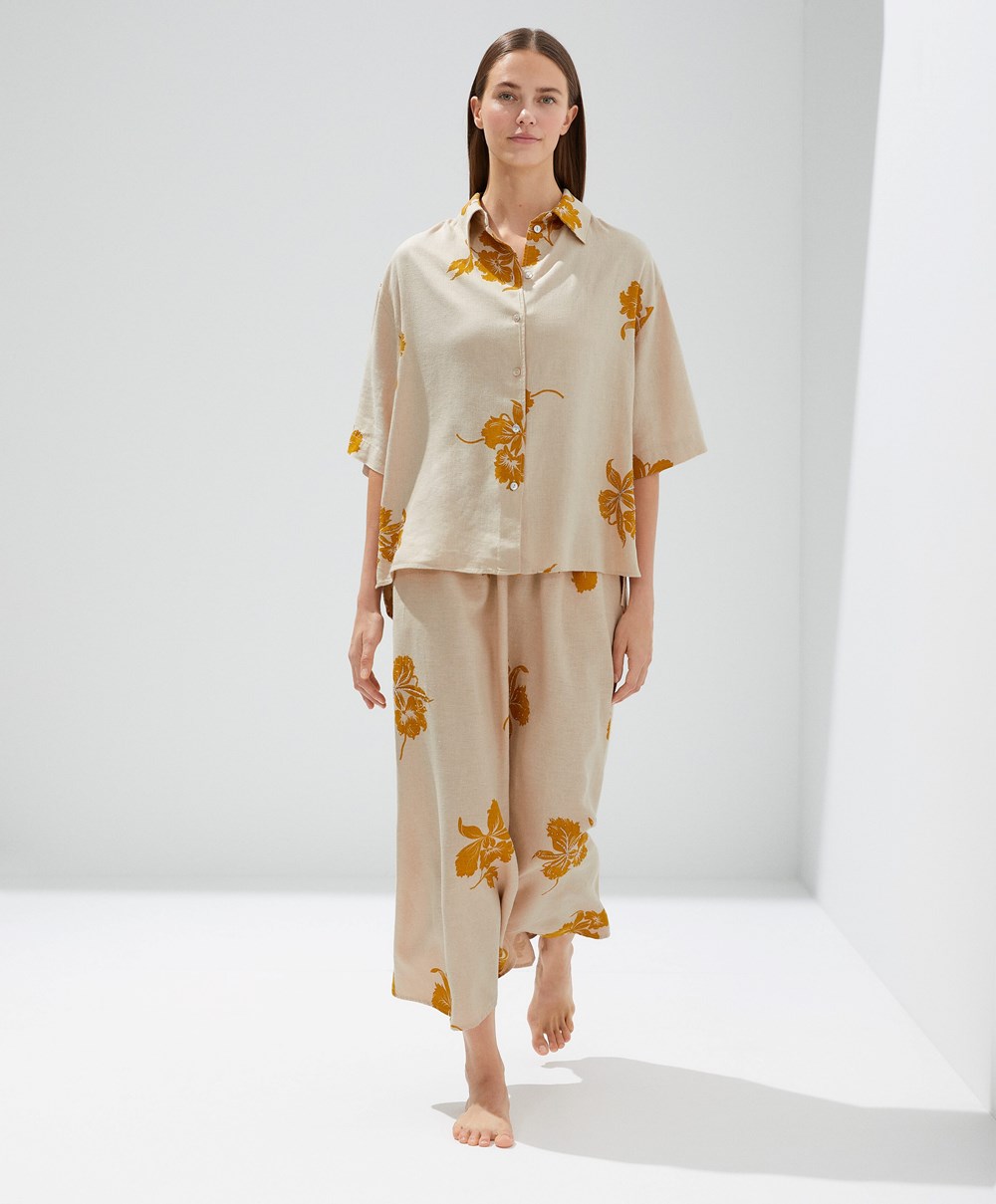 Oysho Bead Embroidery Kort-sleeved Linen Shirt Sand | BUTM69730