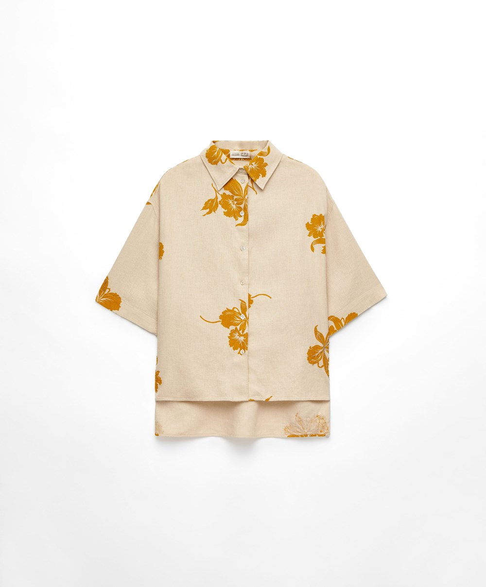 Oysho Bead Embroidery Kort-sleeved Linen Shirt Sand | BUTM69730