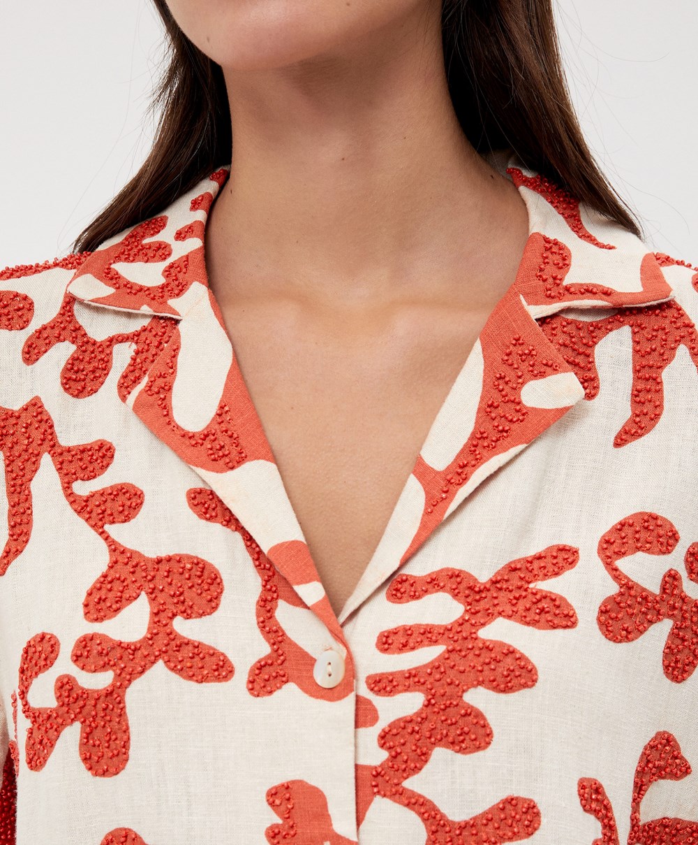 Oysho Bead Embroidery Kort-sleeved Linen Shirt Korall | EGWS46907