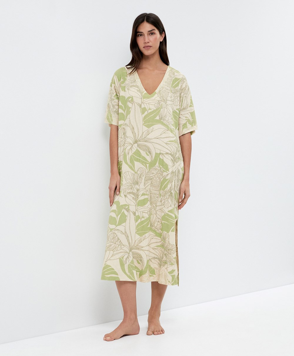 Oysho Beaded Embroidery Linen Midi Tunic Pale Pistachio | ECFL18532