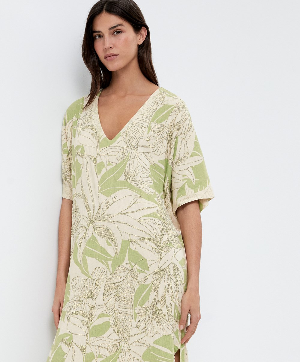 Oysho Beaded Embroidery Linen Midi Tunic Pale Pistachio | ECFL18532