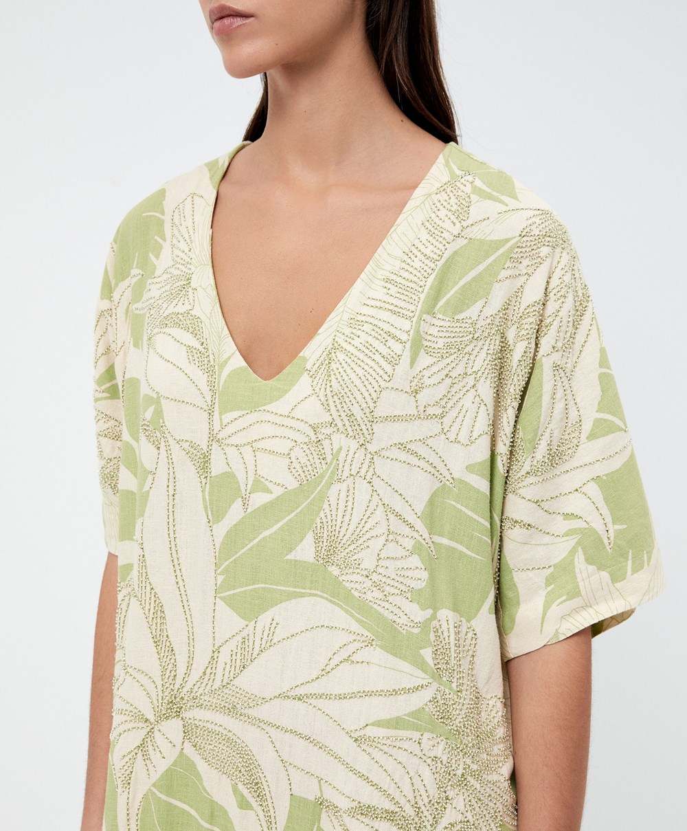 Oysho Beaded Embroidery Linen Midi Tunic Pale Pistachio | ECFL18532