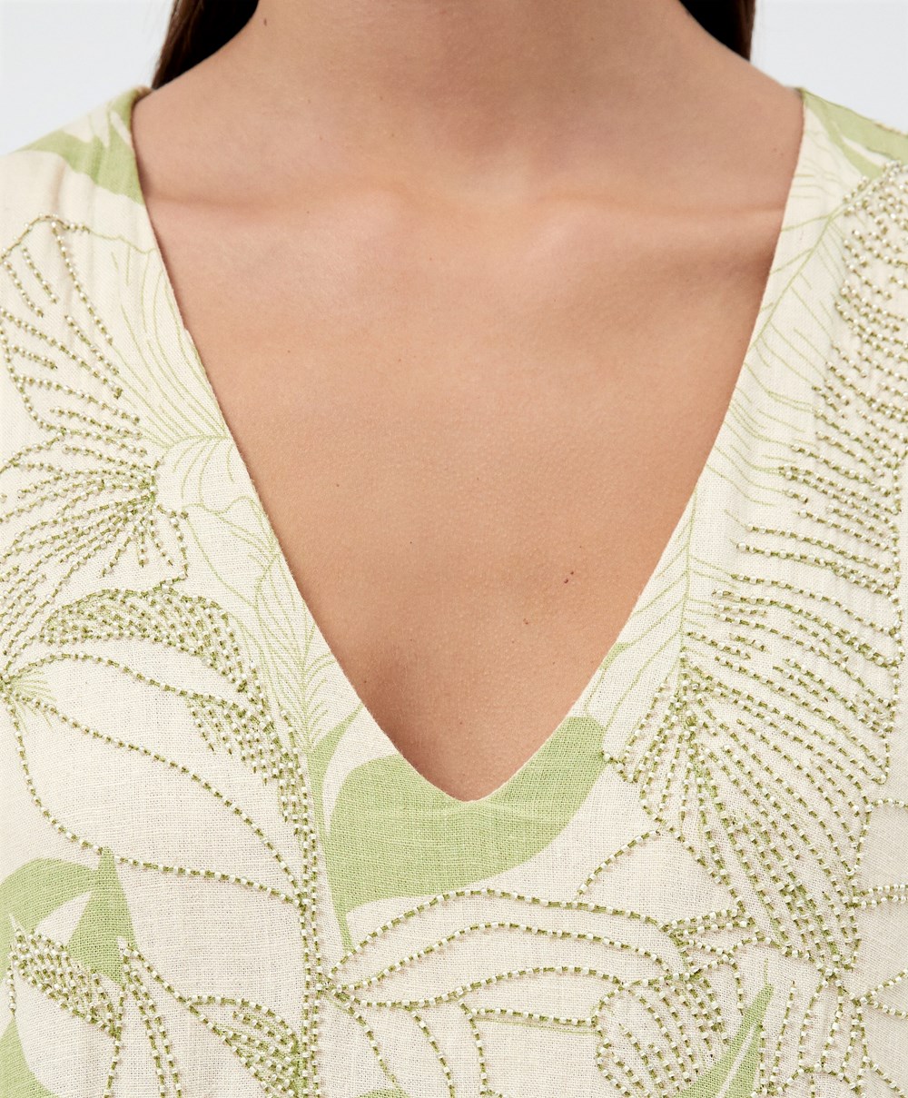 Oysho Beaded Embroidery Linen Midi Tunic Pale Pistachio | ECFL18532