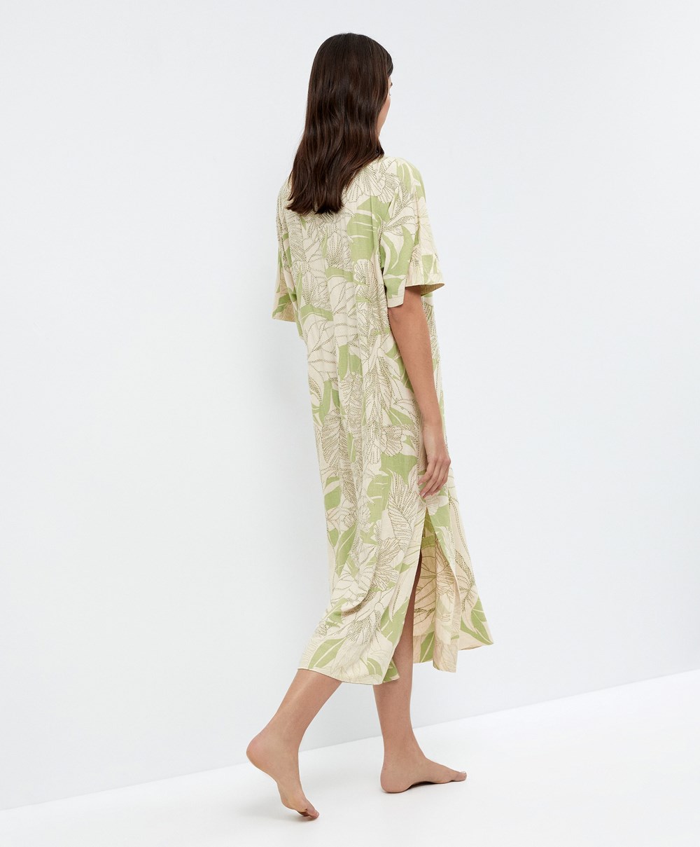 Oysho Beaded Embroidery Linen Midi Tunic Pale Pistachio | ECFL18532