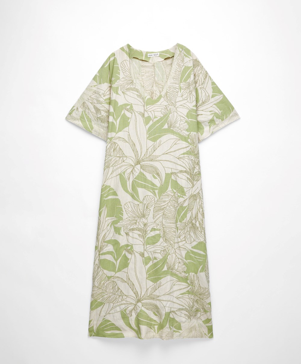 Oysho Beaded Embroidery Linen Midi Tunic Pale Pistachio | ECFL18532