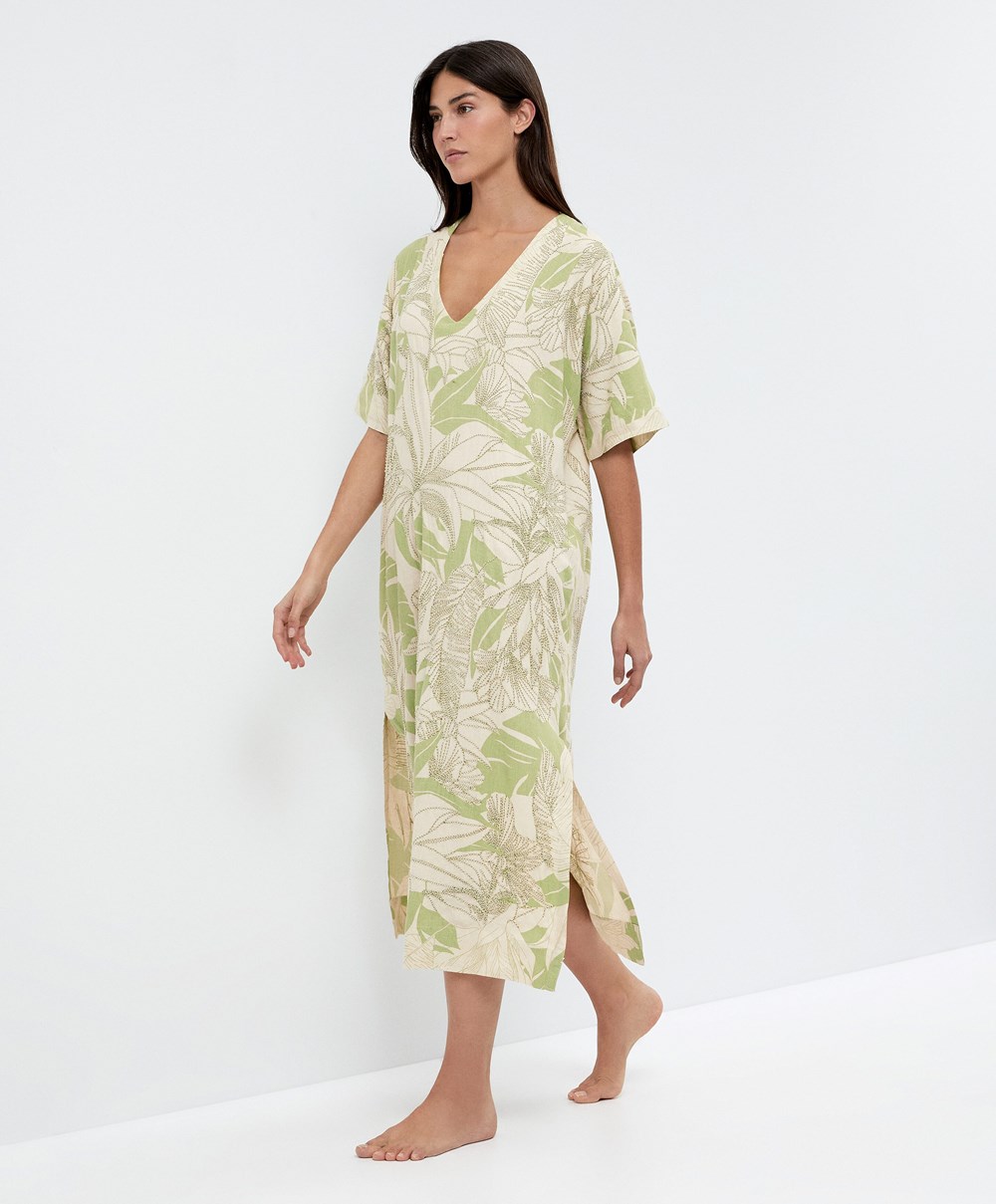 Oysho Beaded Embroidery Linen Midi Tunic Pale Pistachio | ECFL18532