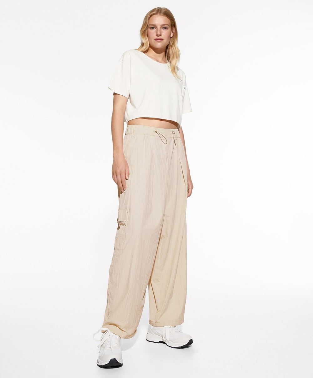 Oysho Brede-leg Cargo Trousers Ecru | UOPN60192