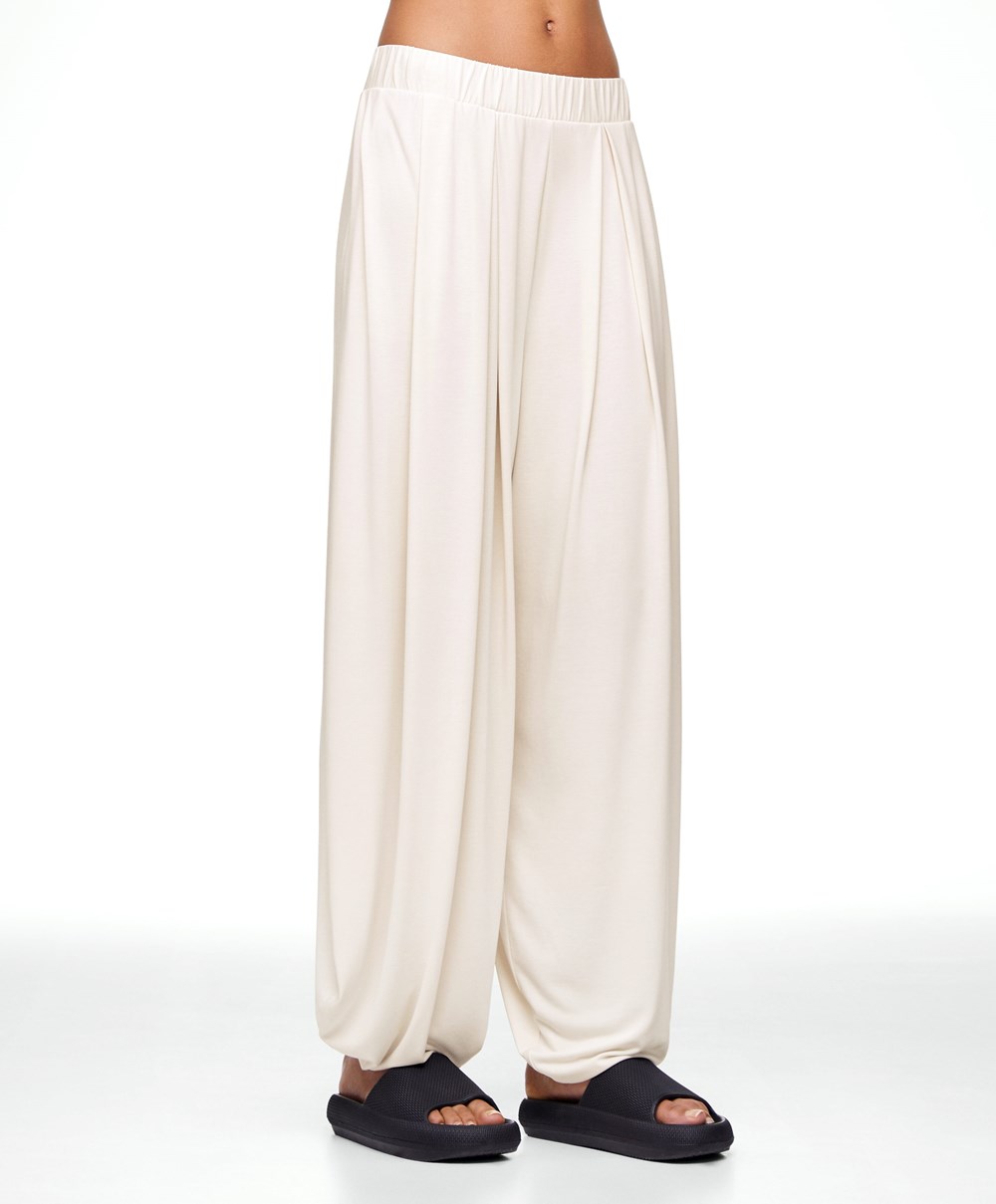 Oysho Brede-leg Draped Modal Trousers Stone | HDKF24697