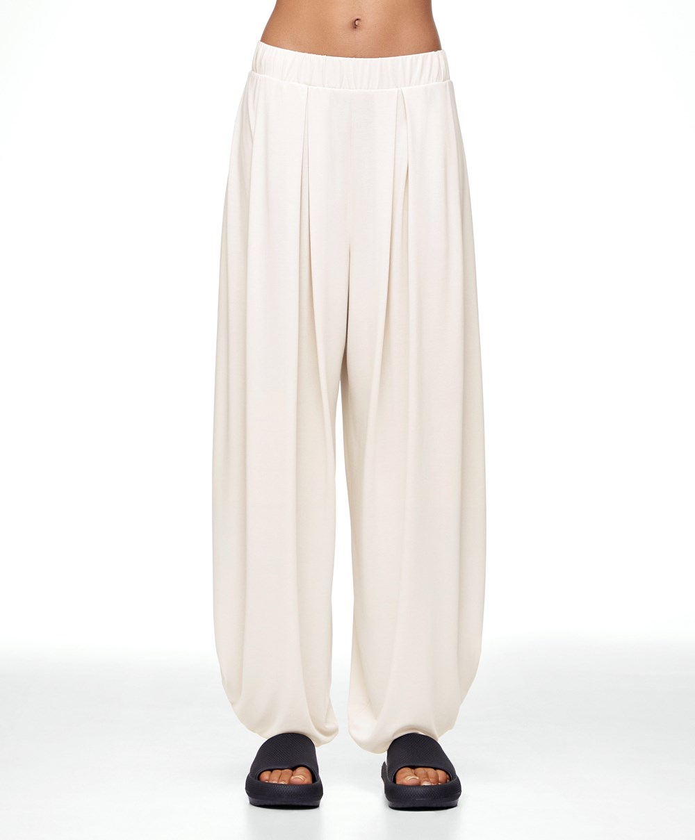 Oysho Brede-leg Draped Modal Trousers Stone | HDKF24697