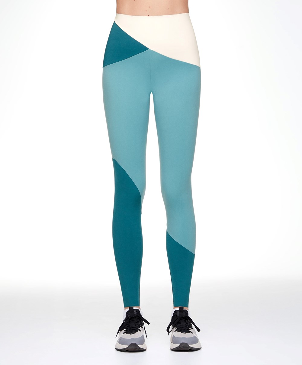 Oysho Colour Block 65cm Compressive Leggings Blue-turquoise | LFPV84193