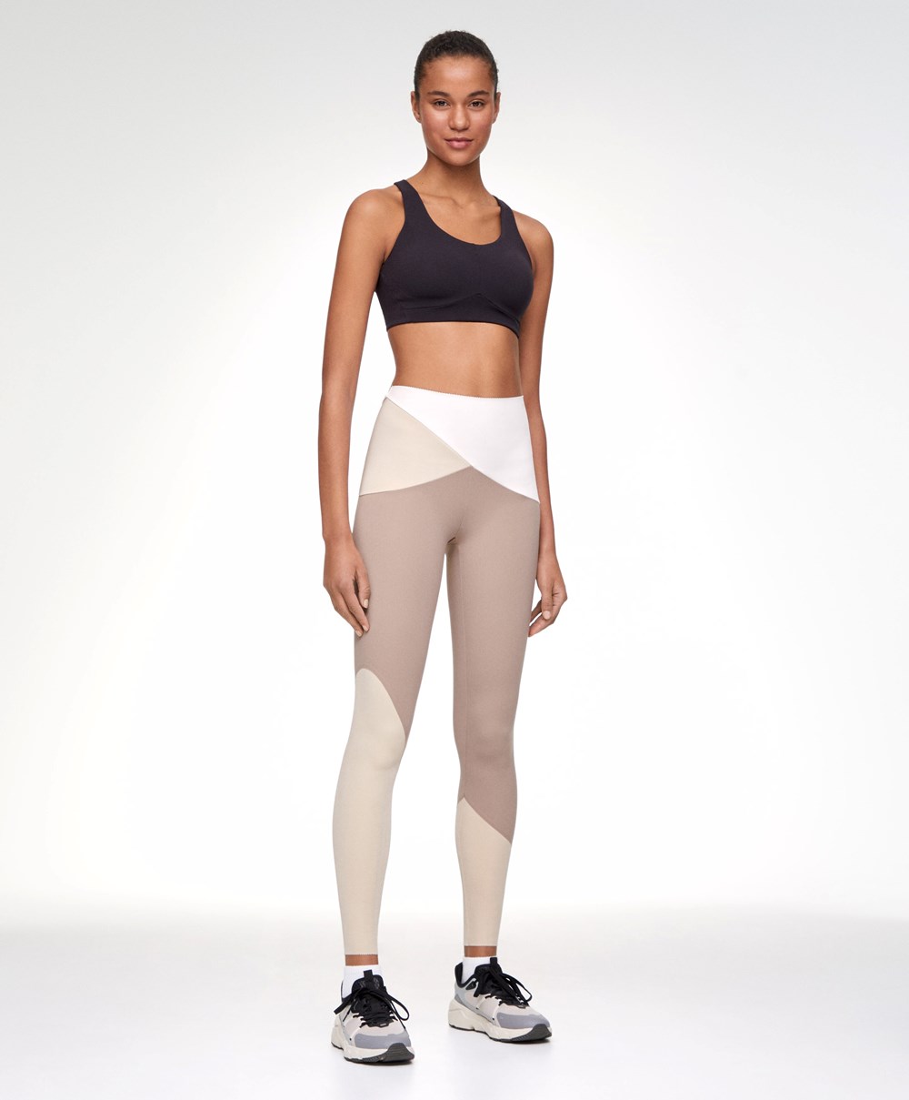 Oysho Colour Block 65cm Compressive Leggings Mocha | SHIF96217