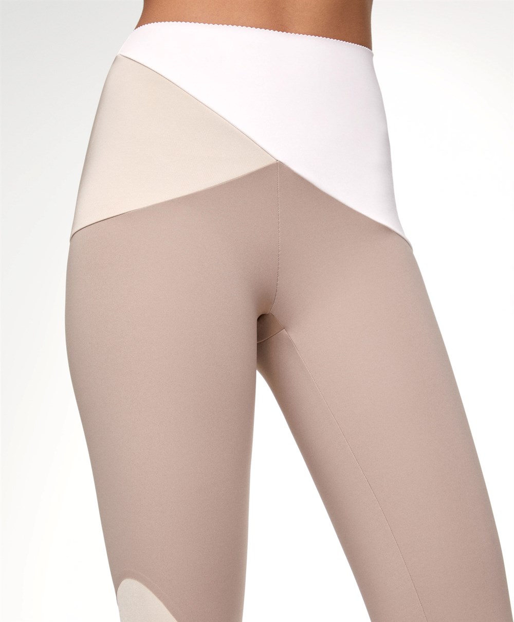 Oysho Colour Block 65cm Compressive Leggings Mocha | SHIF96217