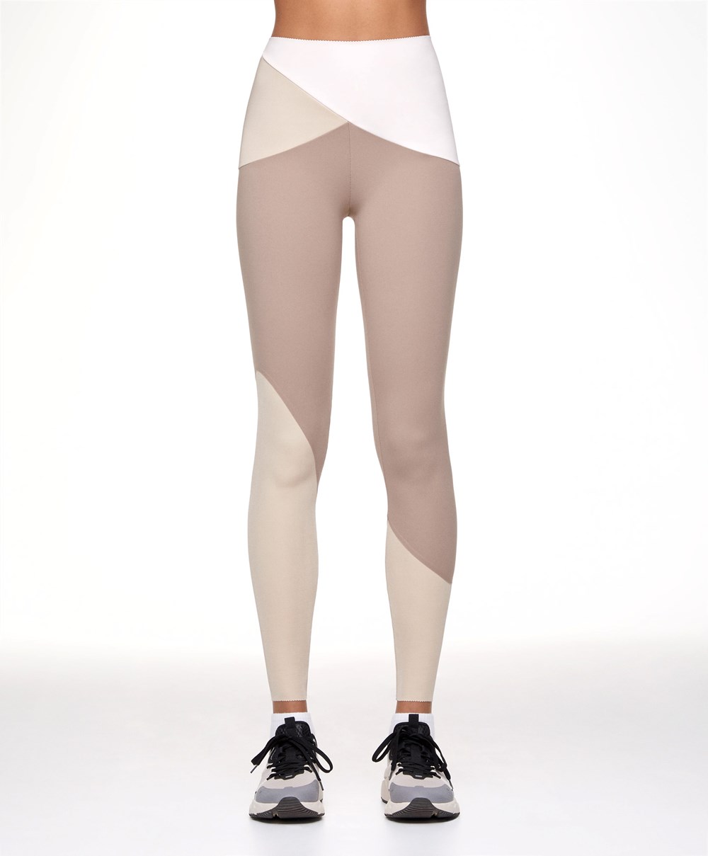 Oysho Colour Block 65cm Compressive Leggings Mocha | SHIF96217