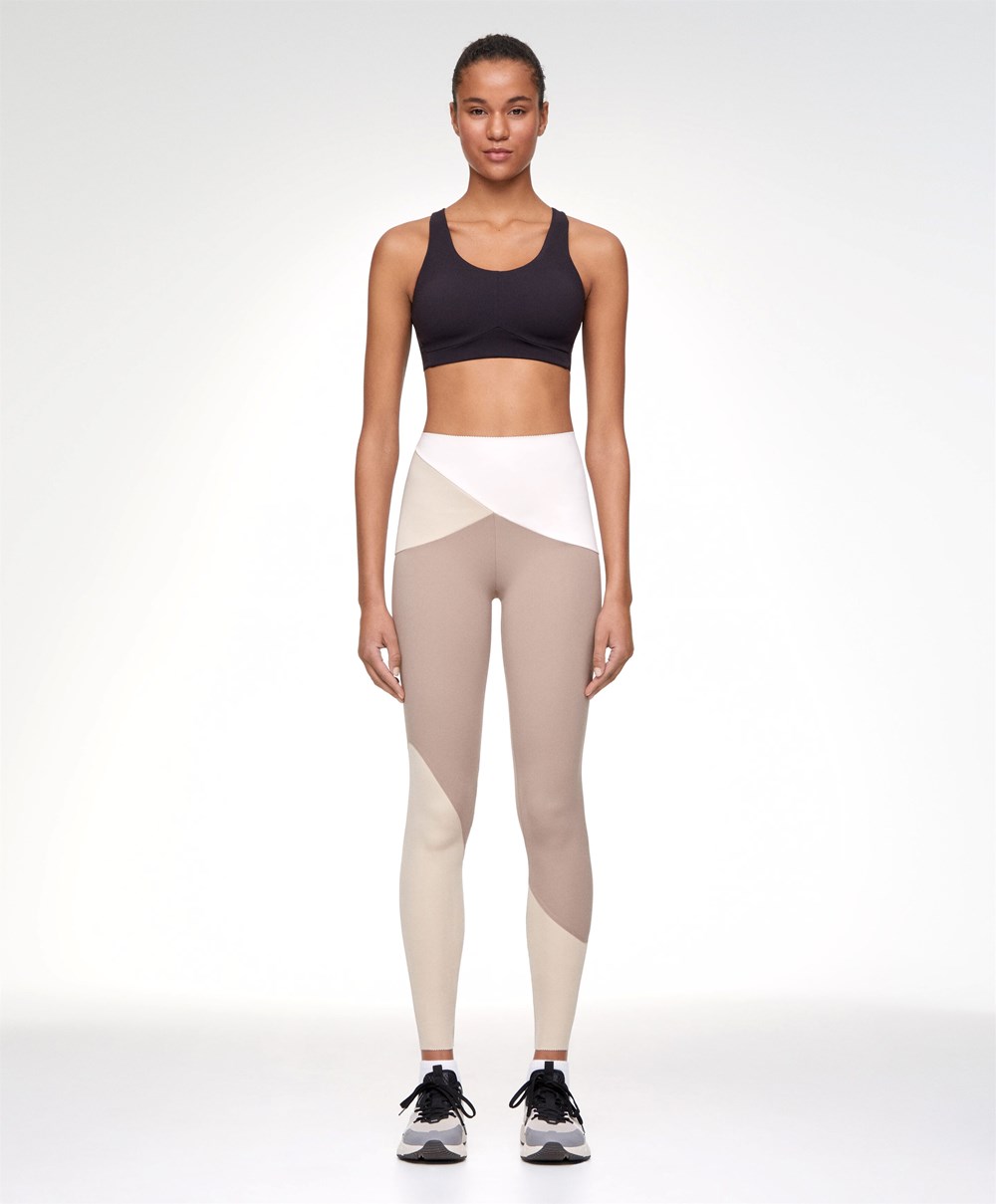 Oysho Colour Block 65cm Compressive Leggings Mocha | SHIF96217