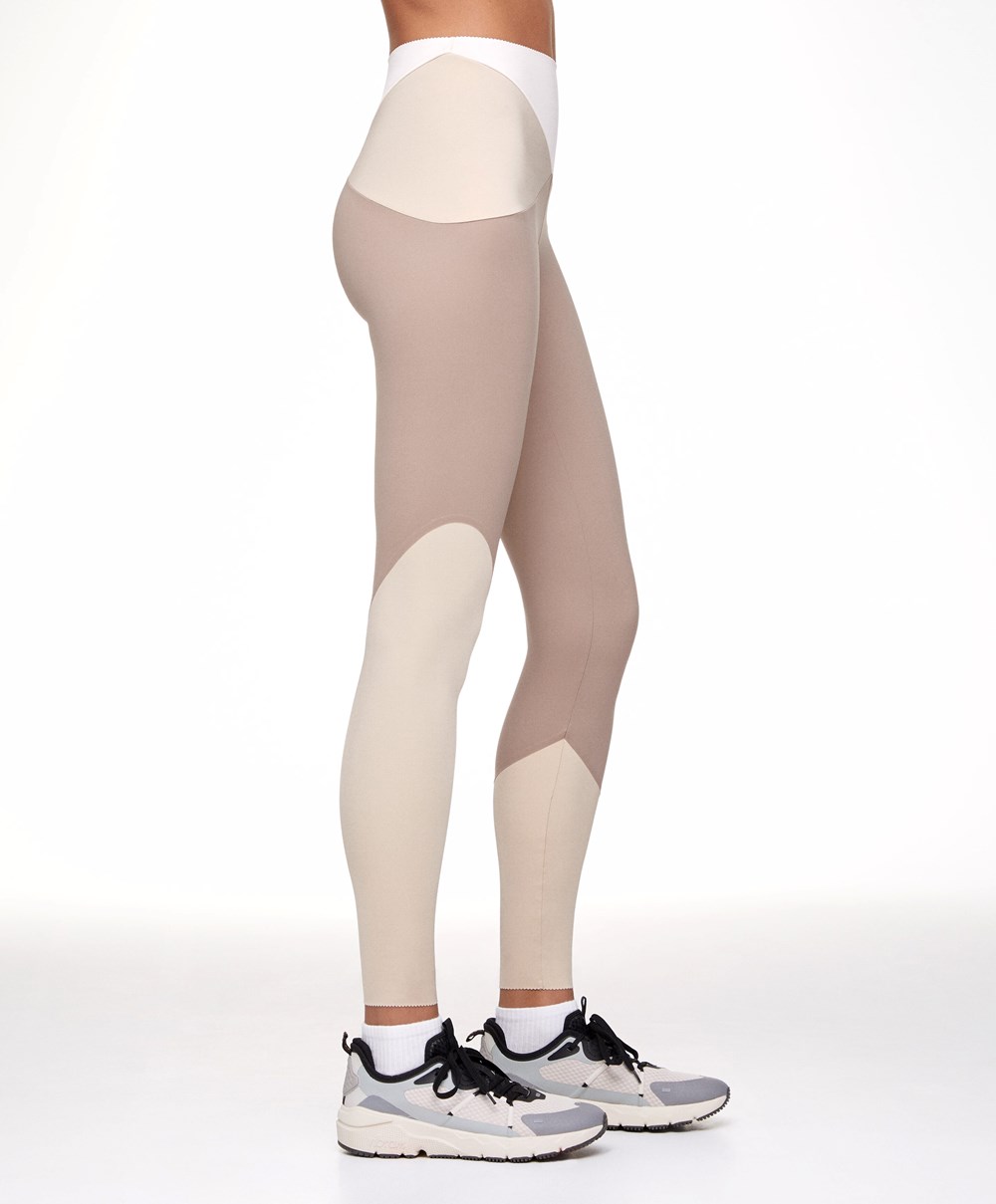 Oysho Colour Block 65cm Compressive Leggings Mocha | SHIF96217