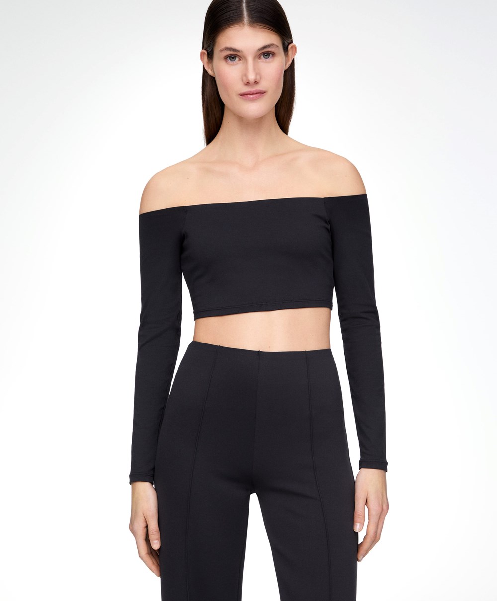 Oysho Comfortlux Off-the-shoulder Top With Cups Svarte | JZQX97421