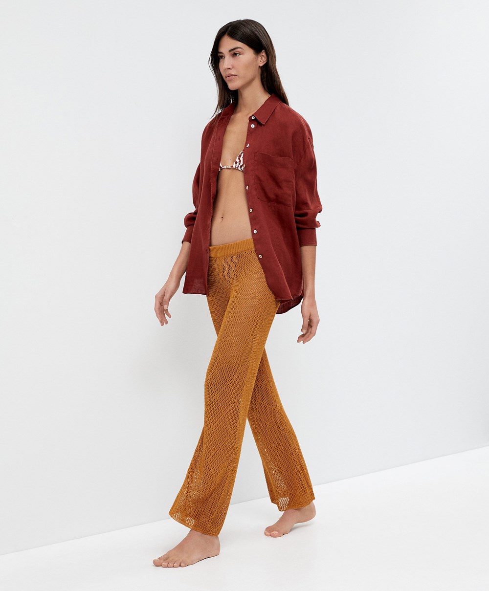 Oysho Crochet Cropped Trousers Honey | CURW80952