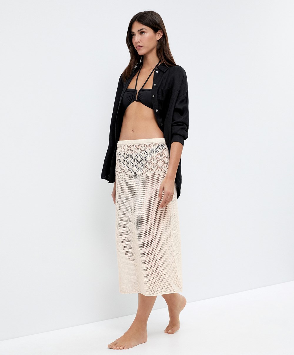 Oysho Crochet Midi Skirt Sand | AZKB85902