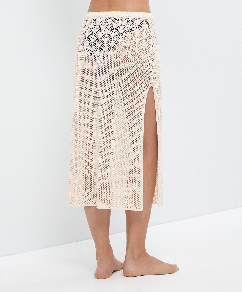 Oysho Crochet Midi Skirt Sand | AZKB85902