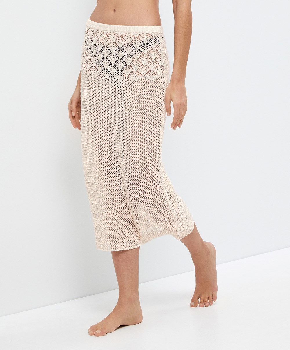 Oysho Crochet Midi Skirt Sand | AZKB85902