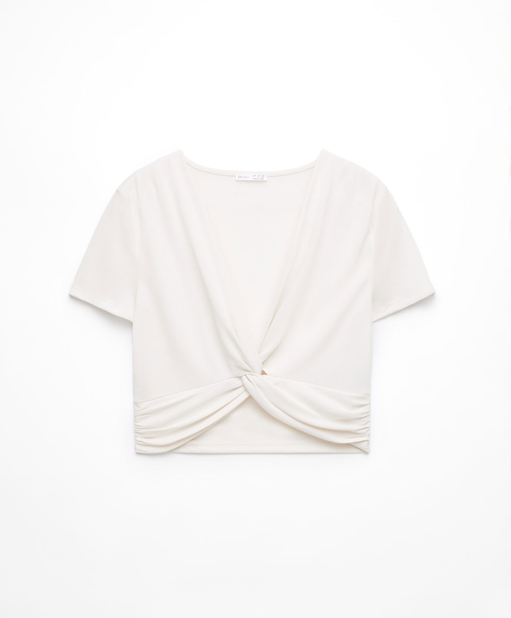 Oysho Crop Modal Knot T-shirt Cream-white | XVIL14702