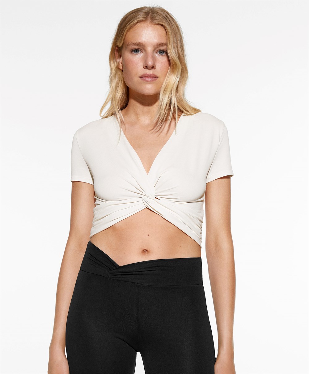 Oysho Crop Modal Knot T-shirt Cream-white | XVIL14702