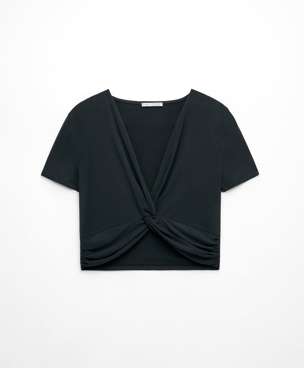 Oysho Crop Modal Knot T-shirt Svarte | ZXIS67102