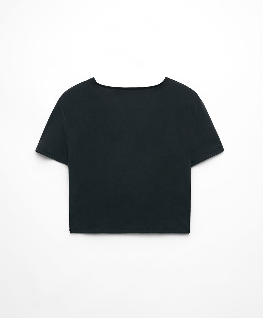 Oysho Crop Modal Knot T-shirt Svarte | ZXIS67102