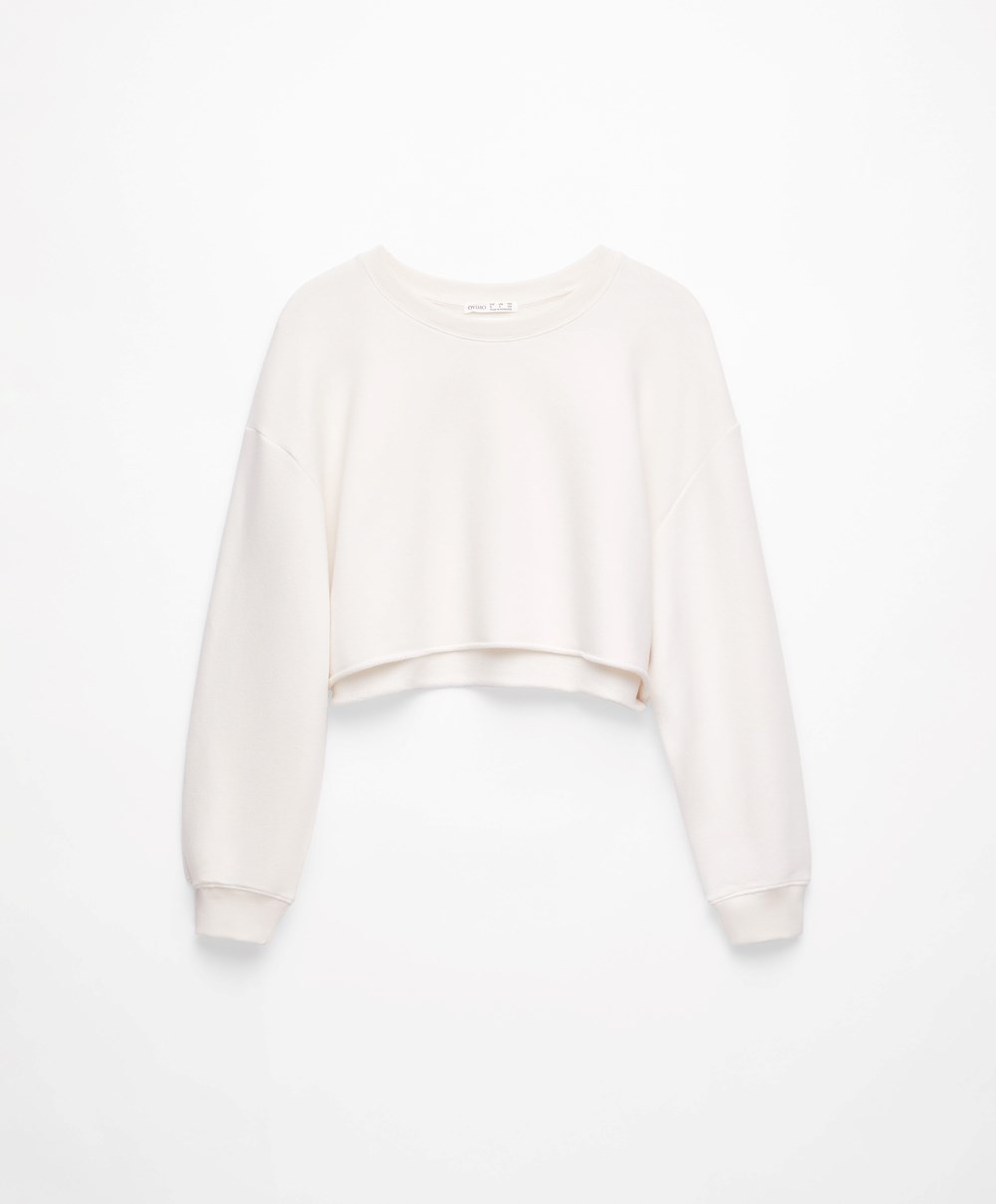 Oysho Cropped Bomull Sweatshirt Cream-white | VMEA76048