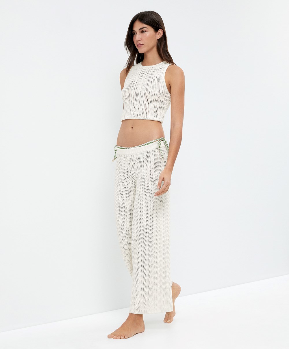 Oysho Cropped Crochet Top Bone Whte | BWNF74315