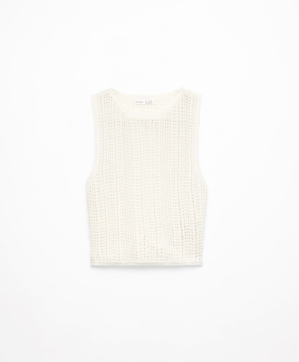 Oysho Cropped Crochet Top Bone Whte | BWNF74315