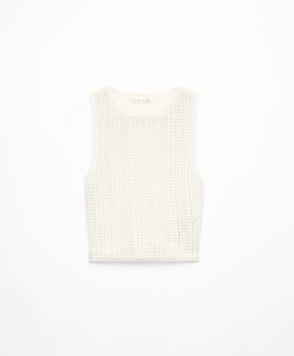 Oysho Cropped Crochet Top Bone Whte | CSBQ79365