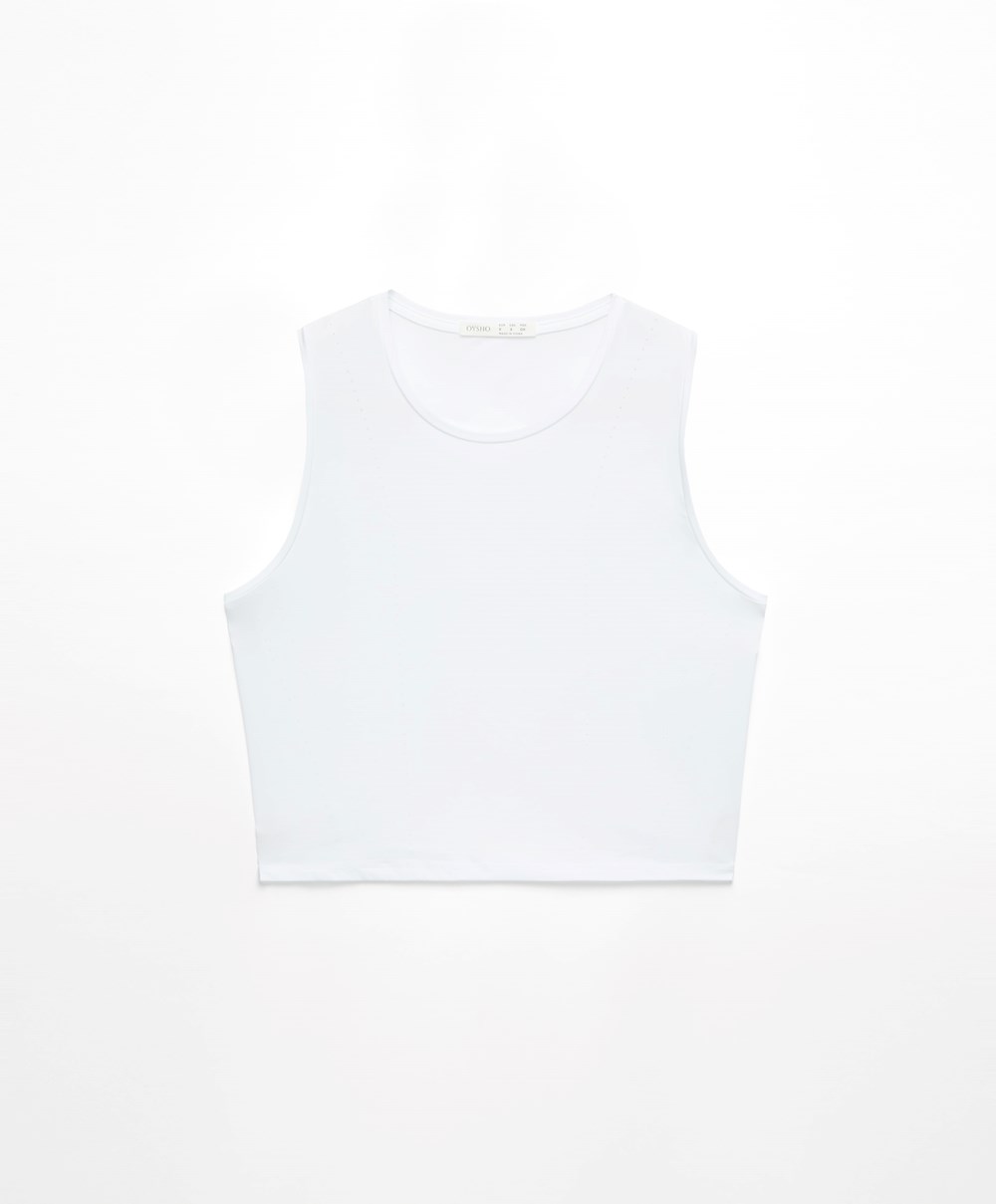 Oysho Cropped Microperforated Technical Ermeløse T-shirt Hvite | ORAL96371