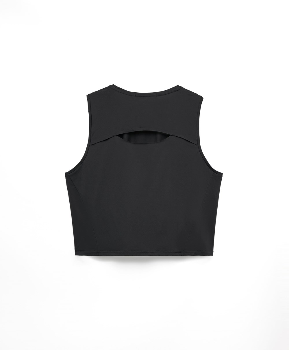 Oysho Cropped Microperforated Technical Ermeløse T-shirt Svarte | RPYI52698