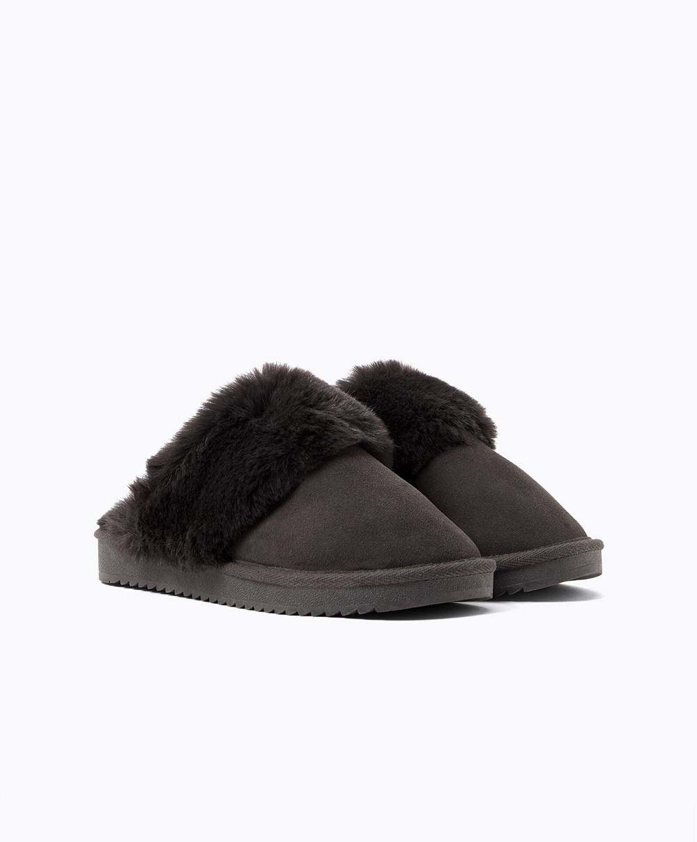 Oysho Cuff Split-leather Slippers Grå | TAHS12753